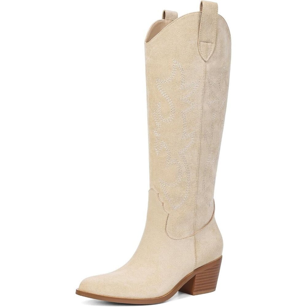 Women Embroidered Pull-On Chunky Stacked Heel Knee High Western Boot Biege suede